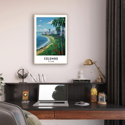 Beach Cityscape in Colombo Sri Lanka Travel Poster Print Wall Art