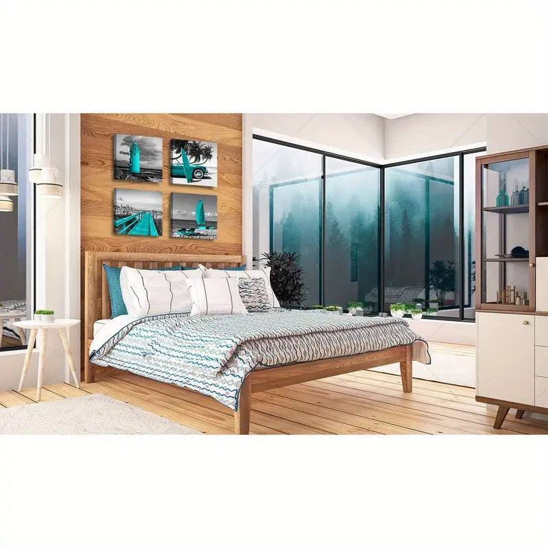 4pcs Black and White Ocean Lighthouse  Wall Art Canvas Framed