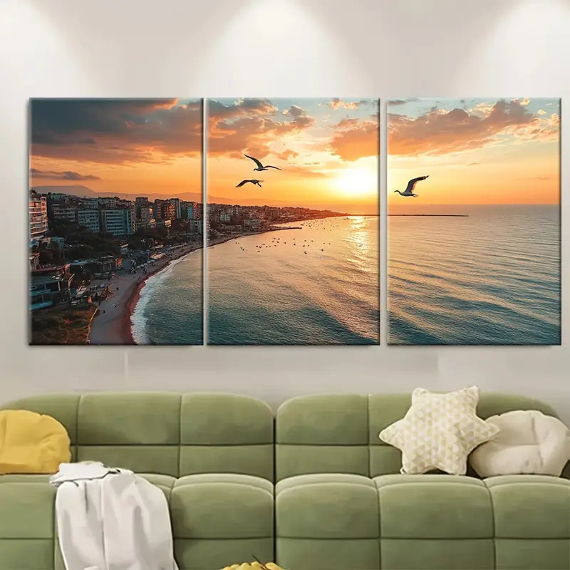 3pcs Sunset Beach Seagulls Coastal Scene Wall Art Set Canvas Framed 40