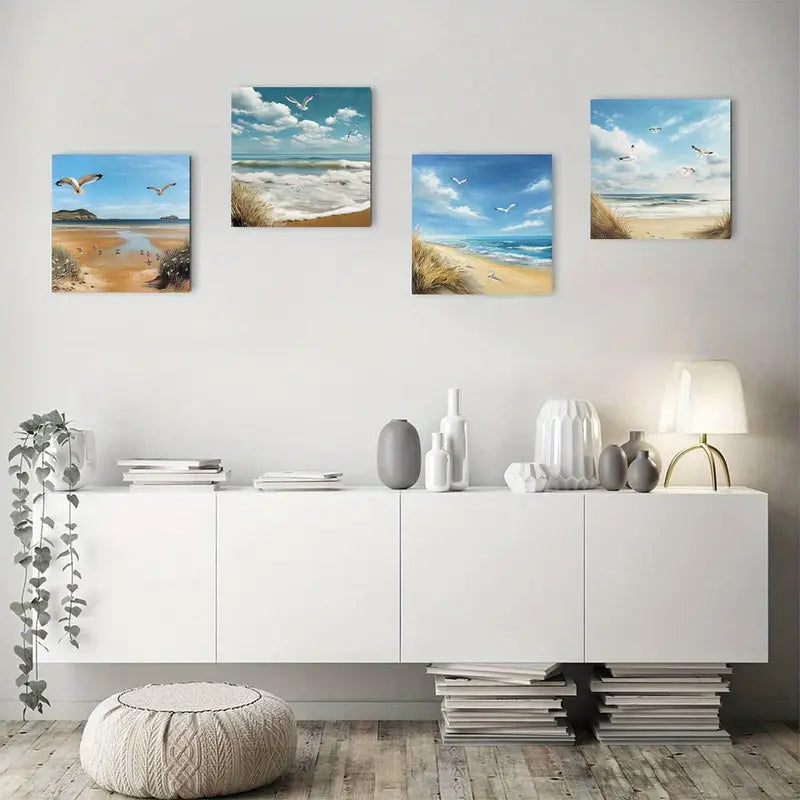 4pcs Modern Abstract Beach Canvas Wall Art Canvas Framed