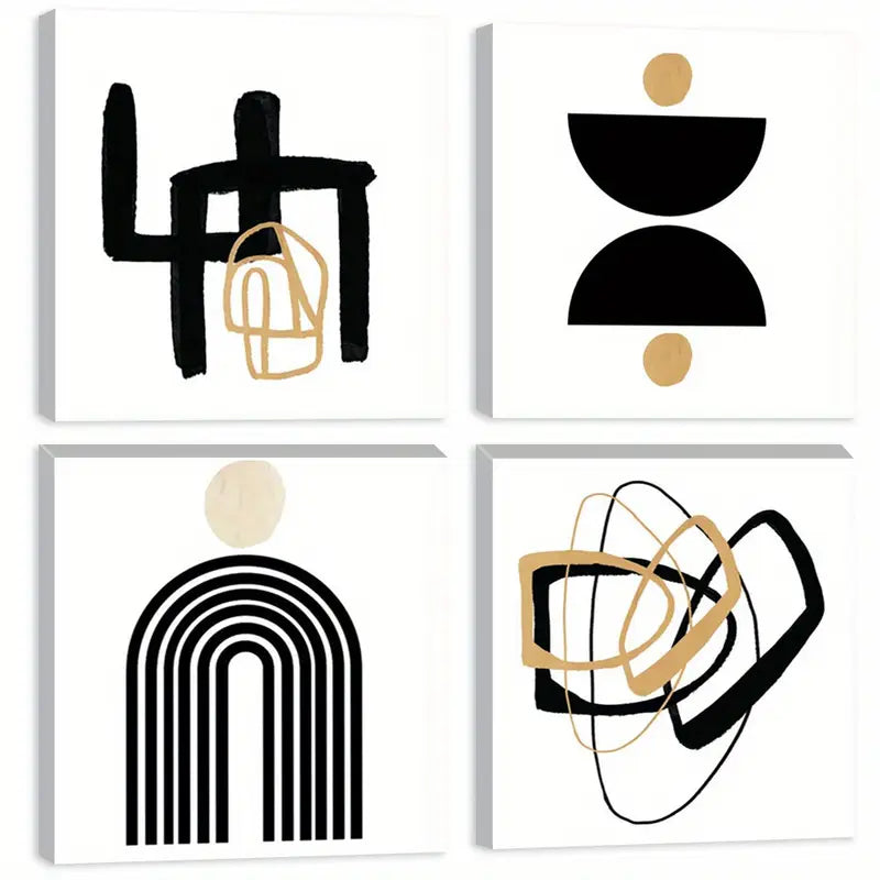 4pcs Black & Golden Abstract Wall Art Canvas Framed