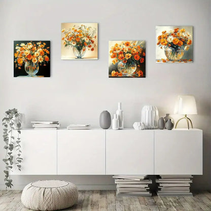 4pcs Vibrant Orange & White Bouquet Wall Art Canvas Framed