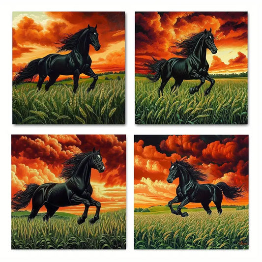4pcs Elegant Black Horse in Golden fj    Wall Art Canvas Framed