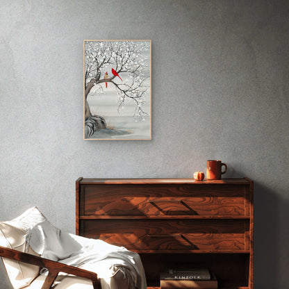 Grey White Flower Blossoming Red Bird Couple Wall Art Decor 100% Australian Made