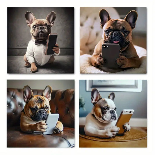 4pcs Funny French Bulldog On Toile Wall Art Canvas Framed