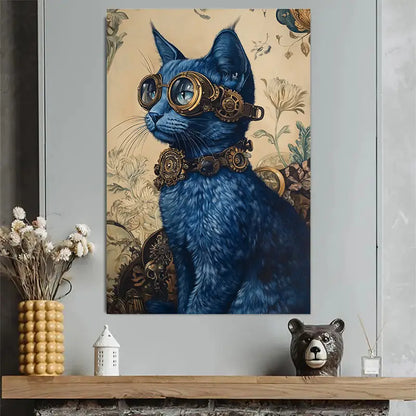 Steampunk Blue Cat with Goggles Art Poster 40x60cm Metal Print Ready to Hang