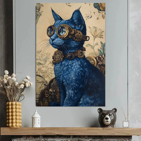 Steampunk Blue Cat with Goggles Art Poster 40x60cm Metal Print Ready to Hang