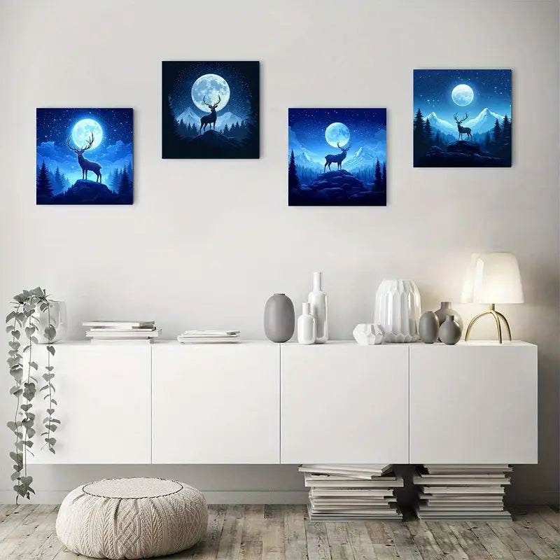 4pcs Blue Night Deer Prints  Wall Art Canvas Framed