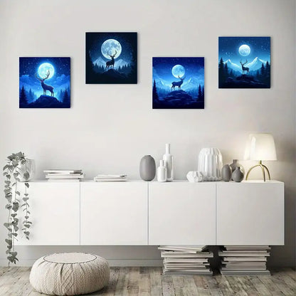 4pcs Blue Night Deer Prints  Wall Art Canvas Framed