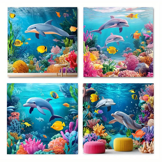 4pcs Featuring Coral Reefs, Sea Fish, and Turt   Wall Art Canvas Framed