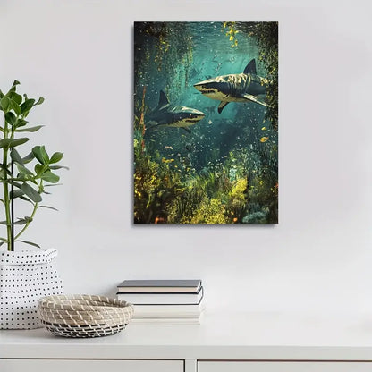 Steampunk Shark Scene With Mystical Aura 40x60cm Metal Print Ready to Hang