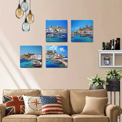 4pcs Blue Waters, White Buildings & Castle Wall Art Canvas Framed