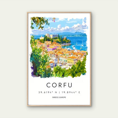 Corfu Greece Europe Coastal Townscape Travel Poster Print Wall Art