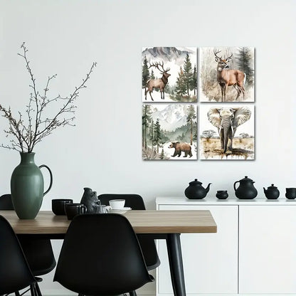 4pcs Deer Bear Elephant Picture Wall Art Canvas Framed