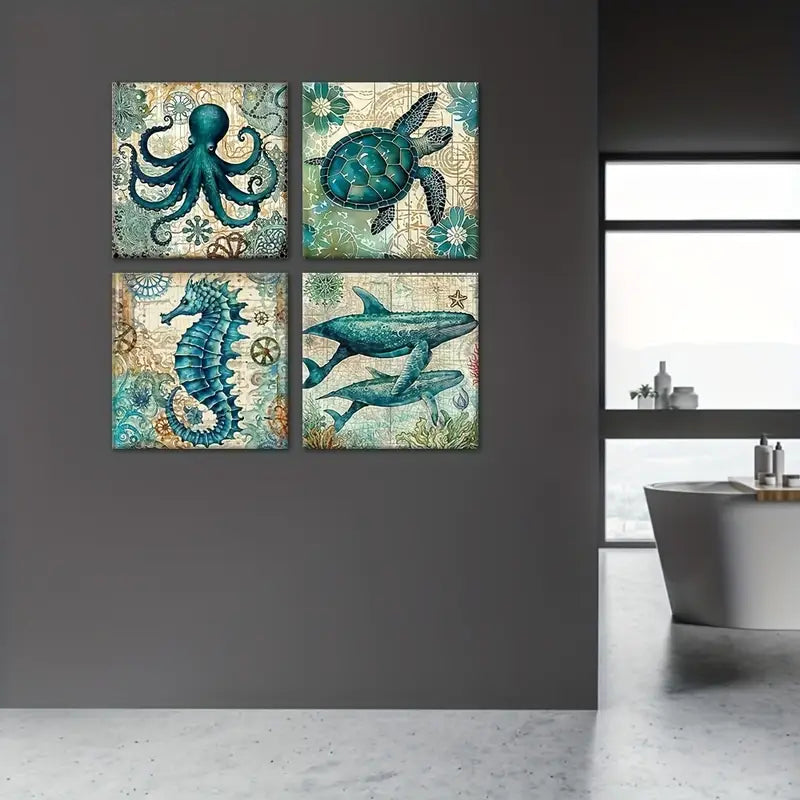 4pcs turtles octopus sea horses whale  Wall Art Canvas Framed