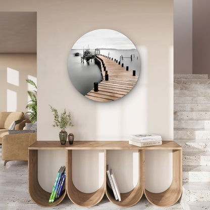 Black and White Wooden Pier Lake Acrylic Glass Rounded Print Tempered Glass Wall Art 100% Made in Australia Ready to Hang