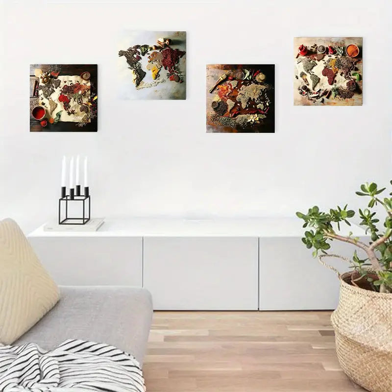 4pcs Spice Map Design Wall Art Canvas Framed