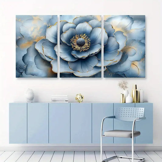 3pcs Blue Wild Rose Canvas Metal Print Ready to Hang Art