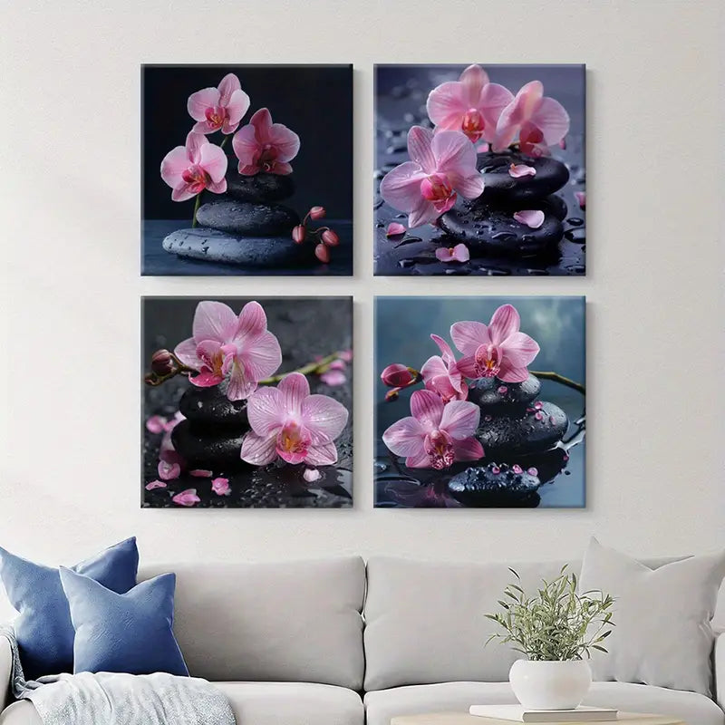 4pcs Black Pebbles  Pink Flower Wall Art Canvas Framed