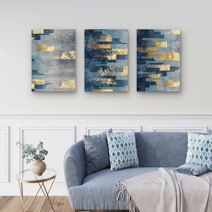 3pcs Modern Luxury Navy Blue Gold Abstract Wall Art Set Canvas Framed 40x60cm - High Quality Print 100% Australian Made Wall Canvas Ready to Hang