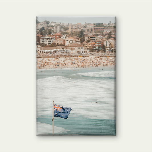 Australian flag waving at crowded Bondi beach, Melbourne, Australia Neutral Vintage Canvas Print Wall Art Decor 100% Australian Made