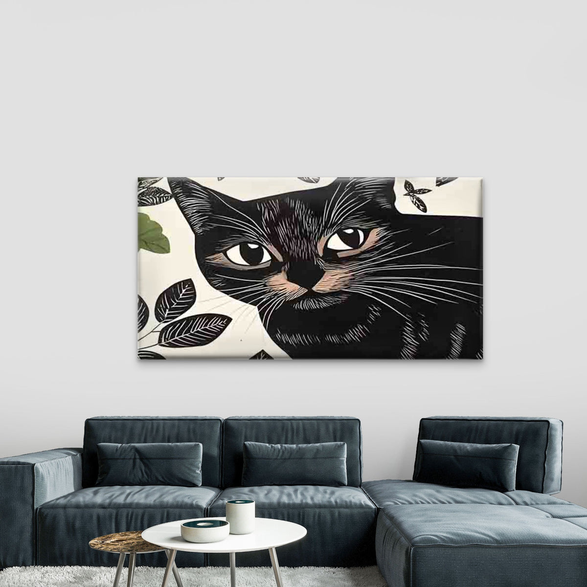 Black Cat And Leaf Pattern Wall Art Canvas Office Home Room Framed 120x60cm