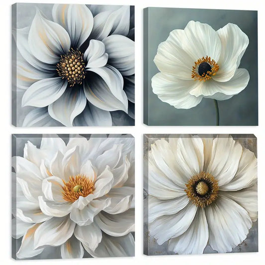 4pcs White Flowers Painting  Wall Art Canvas Framed