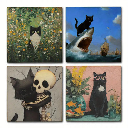 4pcs Cute Cat Decoration Orange Cat Ornament Wall Art Canvas Framed