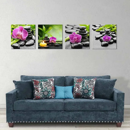 4pcs Zen Pink Orchid & Stone Wall Art Canvas Framed