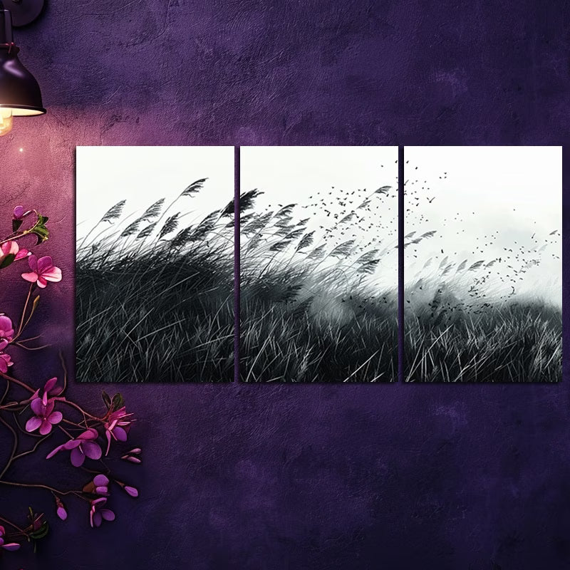 3pcs Wild Grass Field Nature Wilderness Wall Art Set Canvas Framed 50x70cm - High Quality Print 100% Australian Made Wall Canvas Ready to Hang