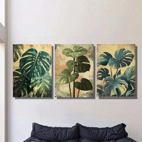 3pcs Tropical Plants Monstera Lush Leaves Wall Art Set Canvas Framed 50x70cm - High Quality Print 100% Australian Made Wall Canvas Ready to Hang