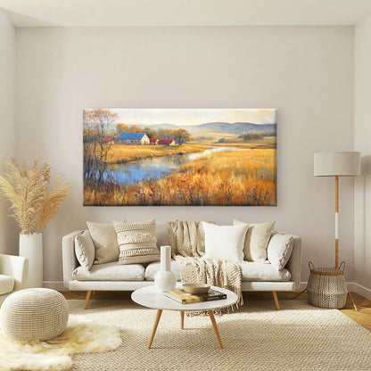 Golden Fields Near Farm Wall Art Canvas Office Home Room Framed 120x60cm