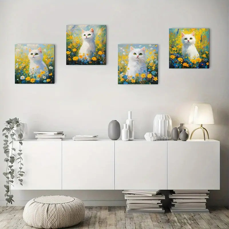 4pcs Flower White Cat Poster Fun Cat Wall Art Canvas Framed