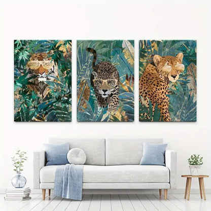 3pcs Leopard Cheetah Tiger Jungle Trio Wall Art Set Canvas Framed 60x90cm - High Quality Print 100% Australian Made Wall Canvas Ready to Hang