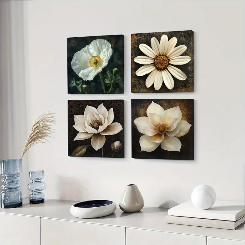 4pcs Large Flower Artwork    Neutral Floral  LF  Wall Art Canvas Framed