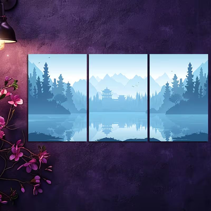 3pcs Serene Mountain Lake Scenery with Snow Peak Wall Art Set Canvas Framed 40x60cm - High Quality Print 100% Australian Made Wall Canvas Ready to Hang