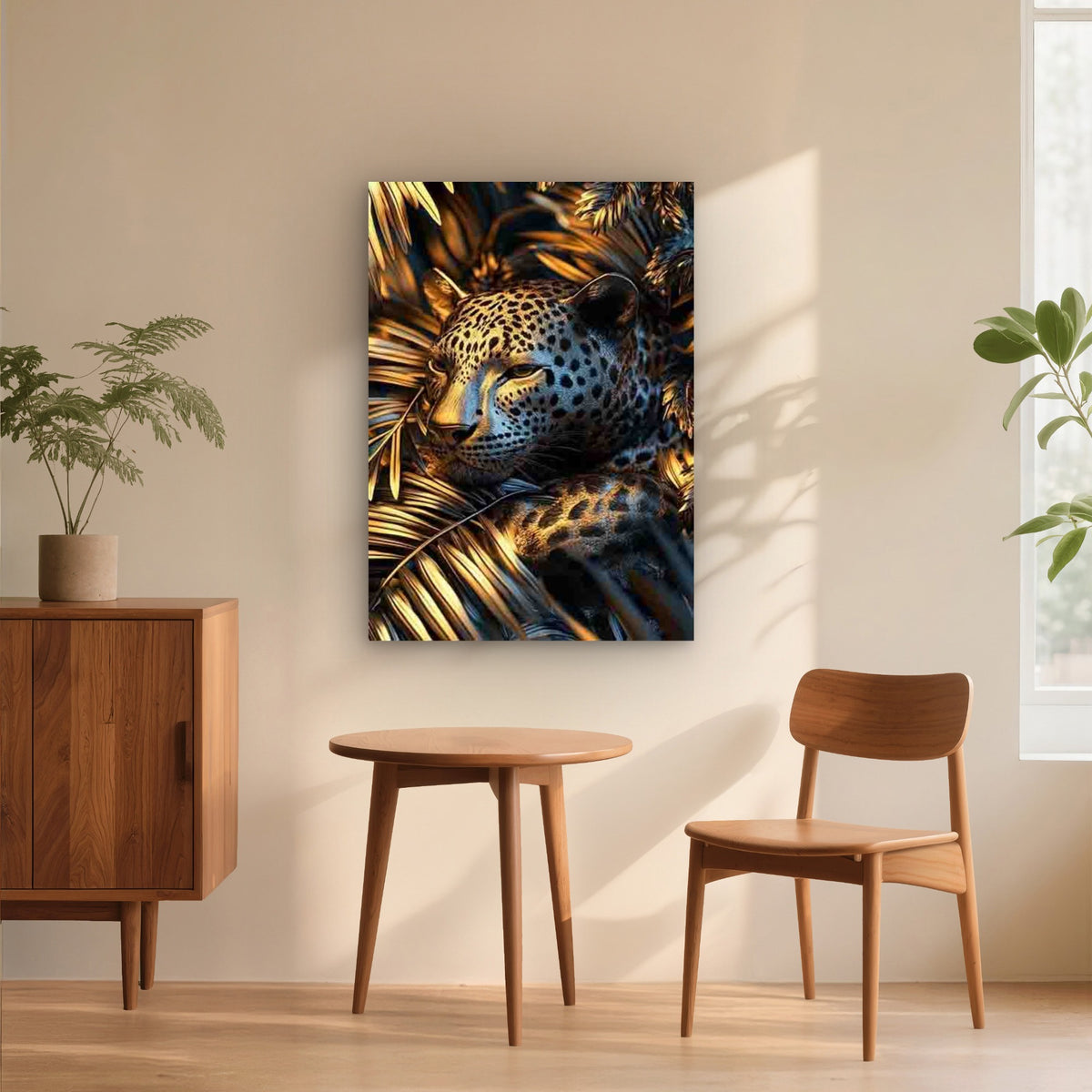 Majestic JAGUAR in Blue & Golden Tropical Leaves 60x90cm Metal Print Ready to Hang