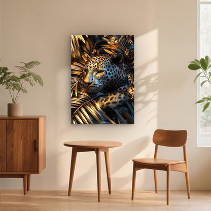 Majestic JAGUAR in Blue & Golden Tropical Leaves 60x90cm Metal Print Ready to Hang
