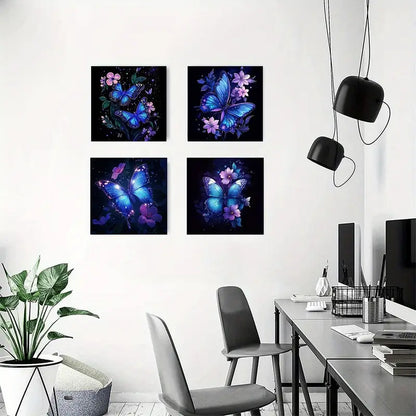 4pcs Purple Butterfly Purple Floral Elegant Wall Art Canvas Framed