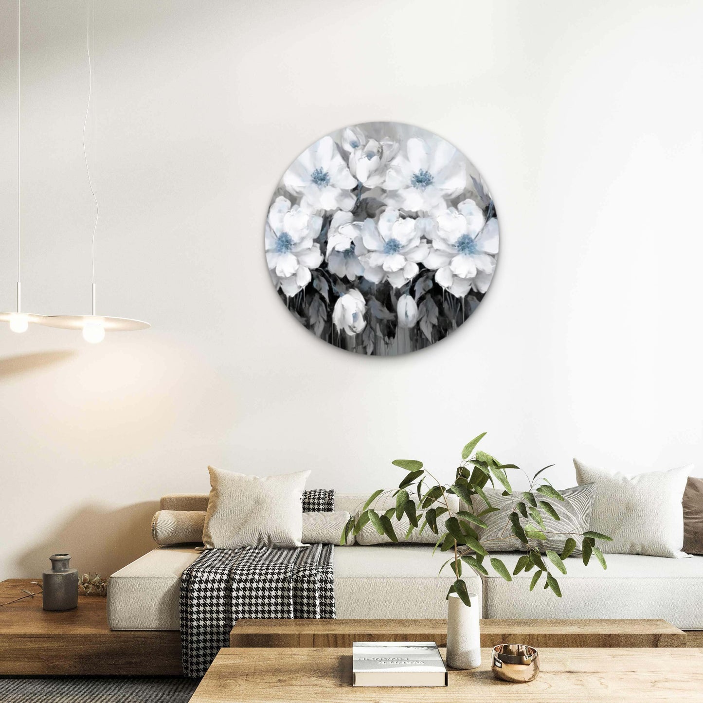 Blue Toned White Flowers Black and White Acrylic Glass Rounded Print Tempered Glass Wall Art 100% Made in Australia Ready to Hang