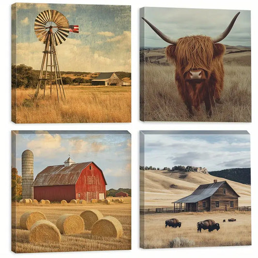 4pcs Bison Decorative Paint   Wall Art Canvas Framed