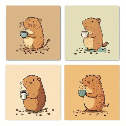 4pcs Painting Groundhog Coffe Wall Art Canvas Framed