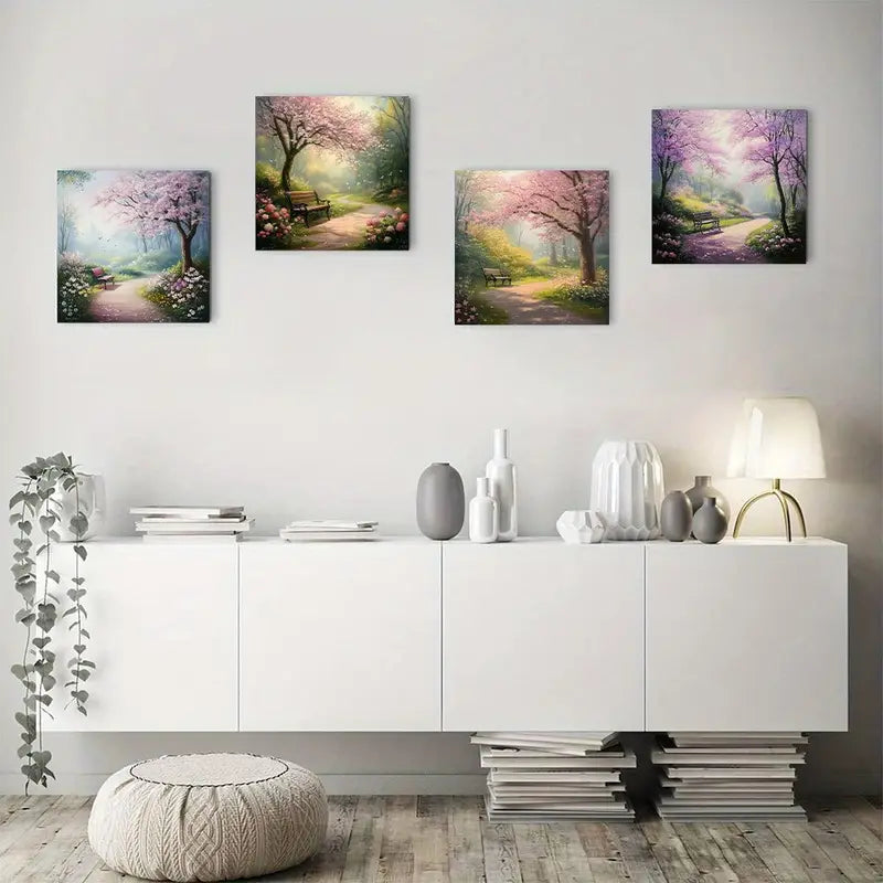 4pcs  Garden Path With Blooming Trees Wall Art Canvas Framed