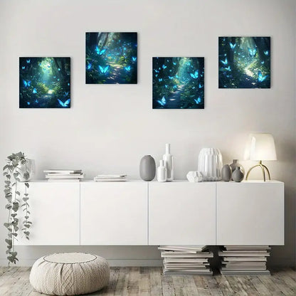 4pcs Butterfly Forest Road Glitter Wall Art Canvas Framed