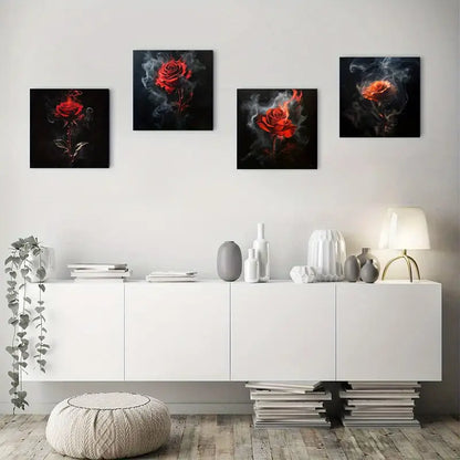 4pcs Exquisite Red Rose Wall Art Canvas Framed