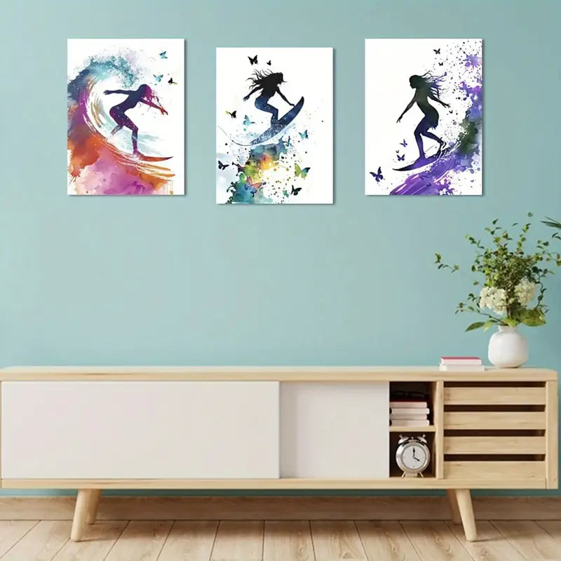 3pcs Surfing Vibrant Ocean & Coastal Metal Print Ready to Hang Art