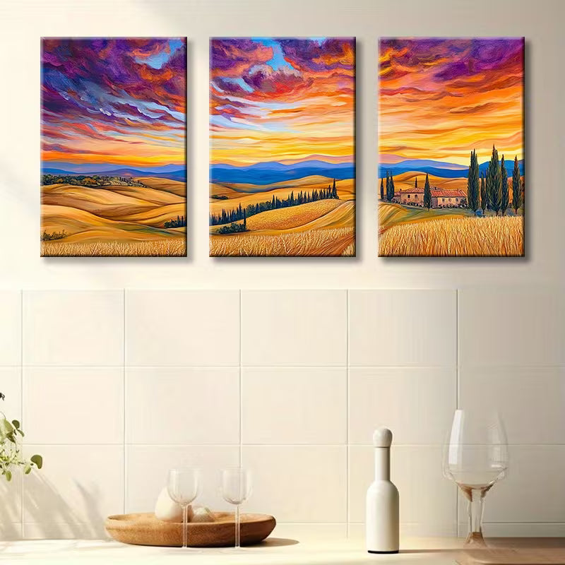 3pcs Sunset Landscape Fields Wall Art Set Canvas Framed 40x60cm - High Quality Print 100% Australian Made Wall Canvas Ready to Hang