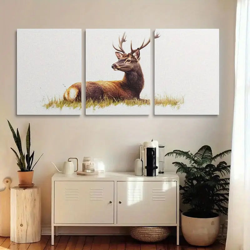 3pcs Elegant Brown Deer with Golden Antlers on Grass Metal Print Ready to Hang Art
