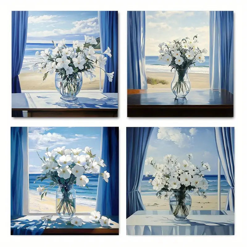 4pcs Flowers Painting Vase Wall Art Canvas Framed