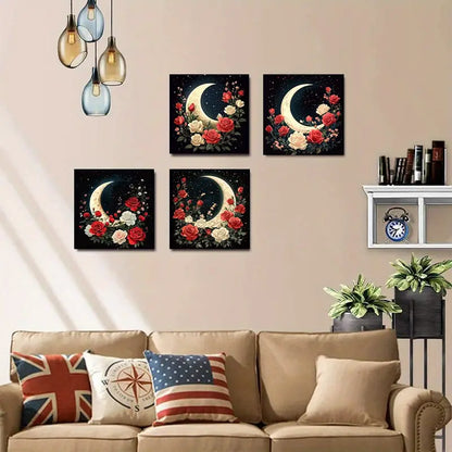 4pcs  Moon and Roses MR  Wall Art Canvas Framed